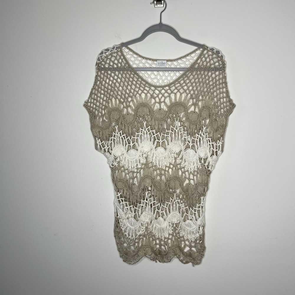 Soho New York & Company Crochet Top Womens Large Cream Beige Knit Boho Oversized